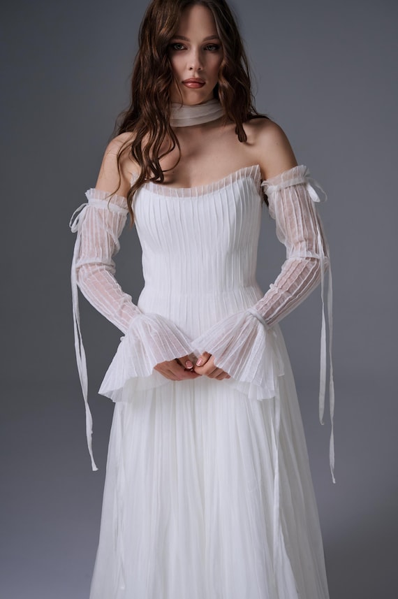 Silk Wedding Dress: Detachable Sleeves, Lace Corset (Ivory)