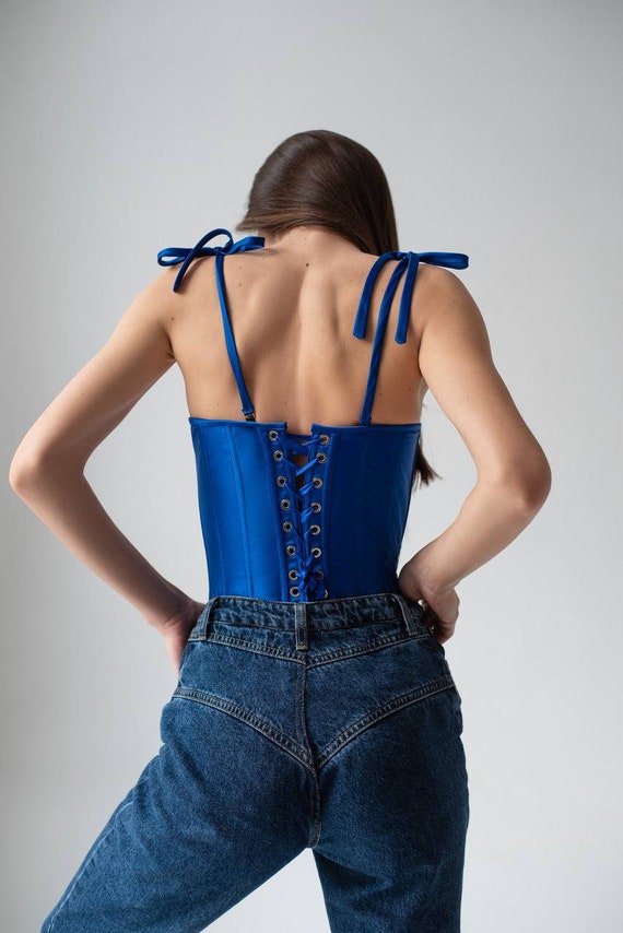 Blue Indigo Satin Corset Top, Steel Bones Custom Corset Tops