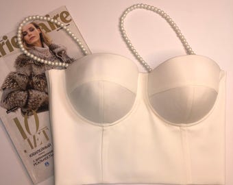 White Women’s  Corset With Pearl Straps, White Night Club Party Cropped Tops, Handmade Wedding Bra, Honey Moon Underwear