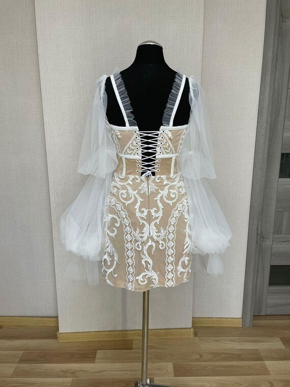 Short Ivory Flower Lace Engagement Party Dress, Beige Bridal Gown, Puffy Long Sleeves Wedding Dress Bespoke Custom Made to Order Dress