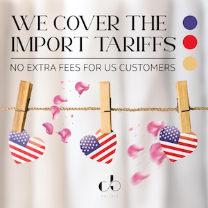 The image is a promotional graphic for a business that covers the import Tariffs, stating that there are no extra fees for US customers.