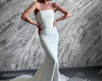 Ivory Satin Overbust Corset Bridal Gown, Mermaid Wedding Dress, Cathedral Train Dress, Elegant Bridal Gown