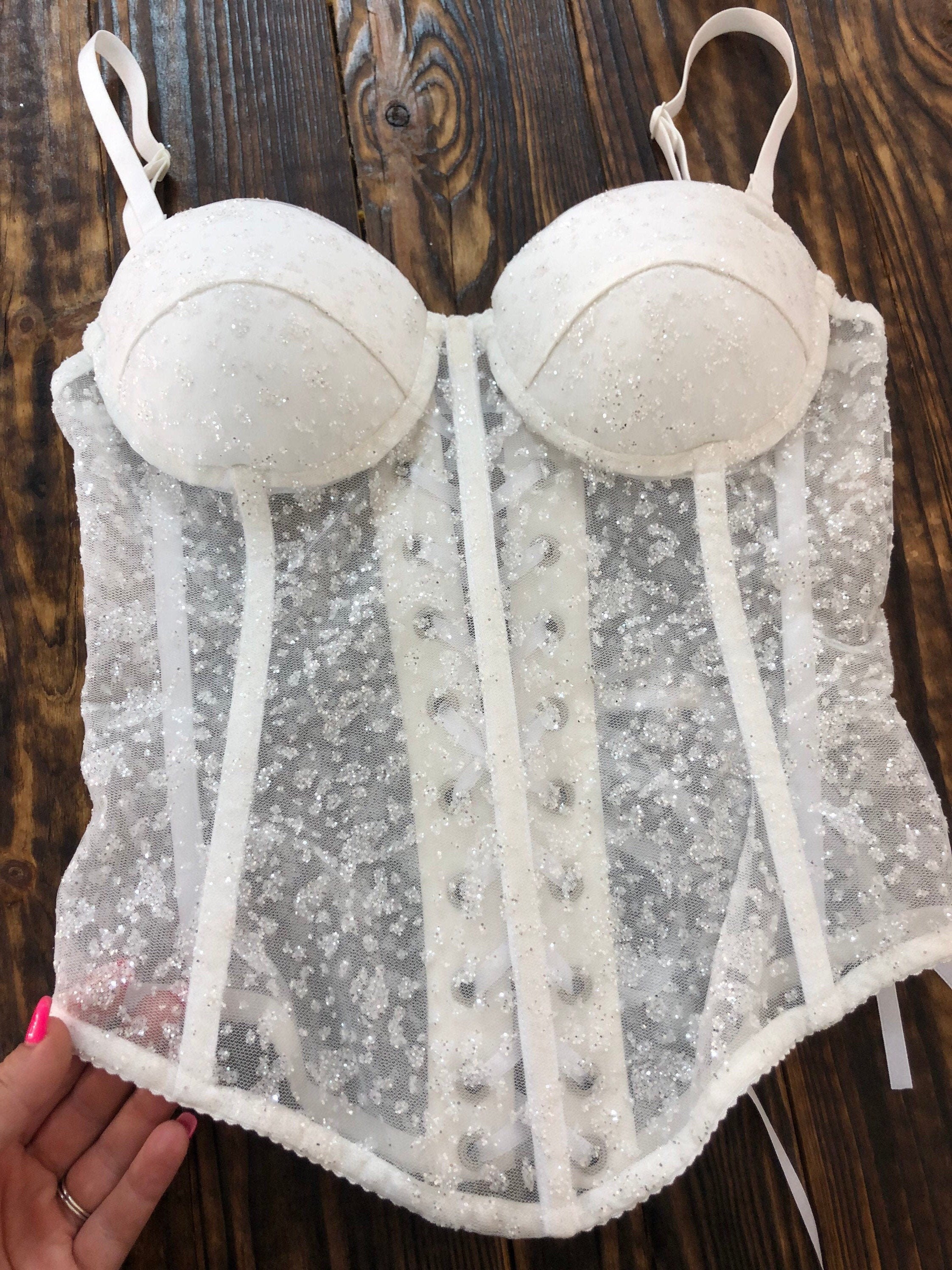 Ivory Glitter Mesh Bridal Corset Top With Lacing Back, Honeymoon Lingerie,  Sexy Bridal Corset Bra, White Wedding Corset Top 