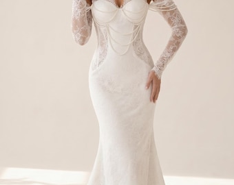 Satin & Lace Bridal Gown, Wedding Dress with Pearls, Metal Boning Dress, White Lace Dress, Black Wedding Dress
