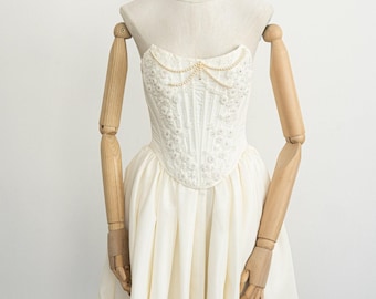 Embroidery Corset Skirt Set, Beaded Taffeta, Renaissance Vintage Bodice, Romantic Lacing