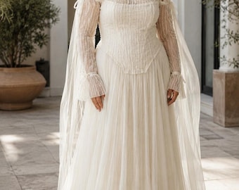 Wedding Dress in Natural Silk, Soft Corset, Detachable Sleeves, Lace-Up Back Gown, Chiffon and Lace Dress