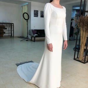 Square  Neck Ivory  Wedding Dress With Long Fitting Sleeves, Cathedral Long  Train And Zipping Back, Trumpet Skirt Bridal Gown