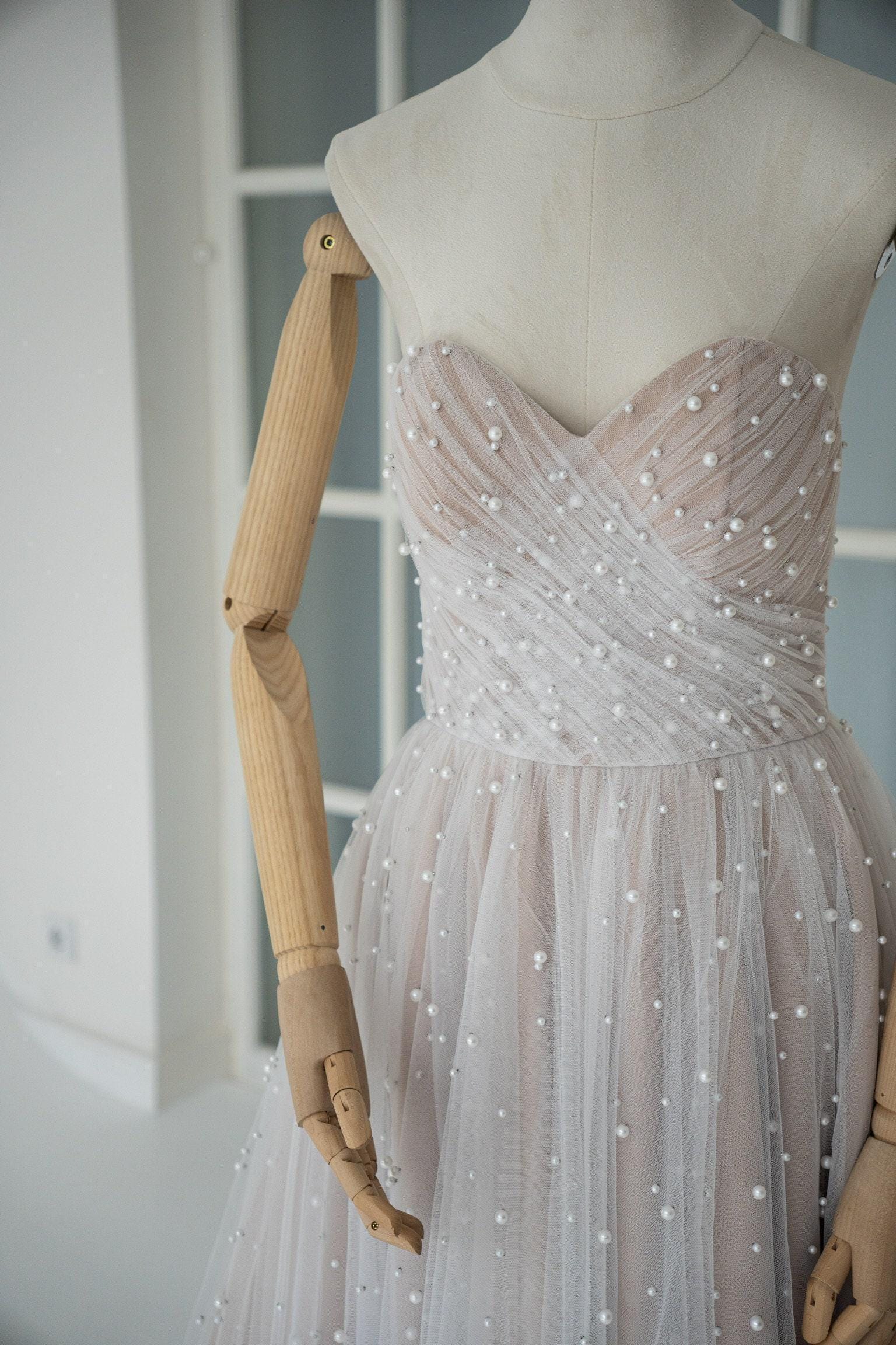 Chiffon Wedding Dress with Pearl Detailing, A-line Plus Size Bridal Gown, Simple Minimalist Wedding Dress