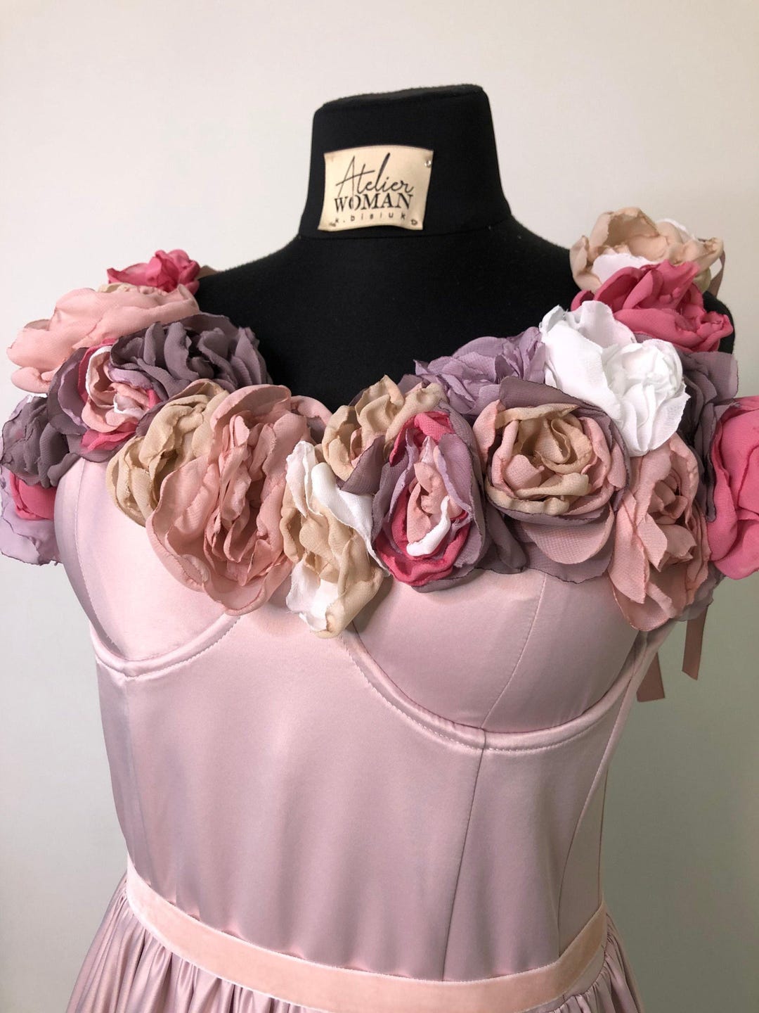 Rose Gold Silk Corset Dress With 3D Flowers Lace, Removable Ribbon Straps  and Velvet Ribbon on the Waist, Lace Back and Zipped Till Waist - Etsy