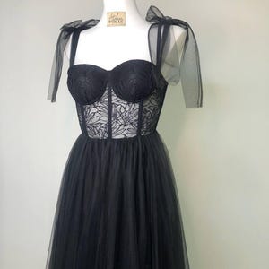 Black Corset Prom Corset Dress, Black Mesh Long Sleeves Bridal Gown, Tull Skirt Plus Size Prom Dress,  Tea Length Prom Dress,