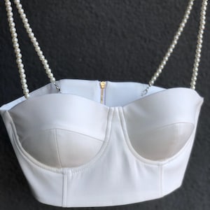 White Women’s Crop Top, Corset With Pearl Straps, White Night Club Party Cropped Tops, Handmade Wedding Bra, Honey Moon Underwear