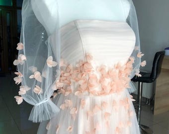 Vestido de novia de encaje con flores rosa rubor, vestido de novia morado, vestido de novia de tul color marfil con mangas, vestido a medida