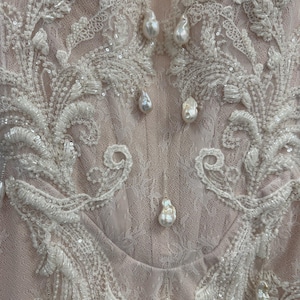 Pu&ograve; includere: Un corpetto in pizzo rosa pallido con intricati ricami floreali bianchi, paillettes trasparenti e perle pendenti a forma di goccia. Il capo presenta un design strutturato con delicati strati di pizzo e una serie di perle applicate.
