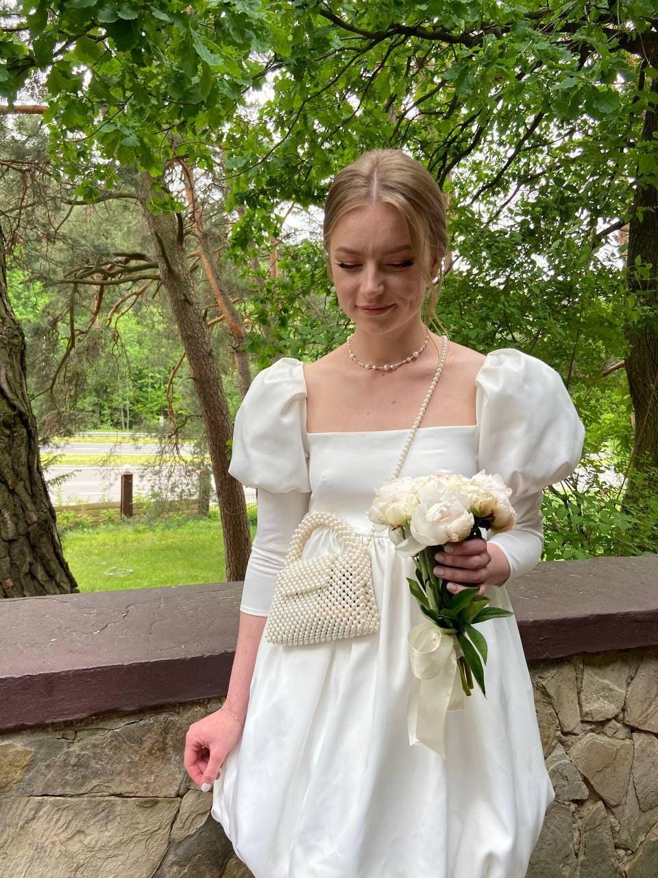 Short Satin Engagement Party Dress, Puffy Skirt And Long Sleeves Wedding Dress, Short Dress, Bespoke Orders Custom Made To Order Dress