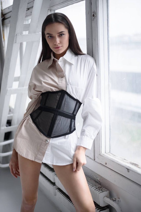 Black Mesh Corset Belt, Sexy Strapless Underbust Transparent Tight