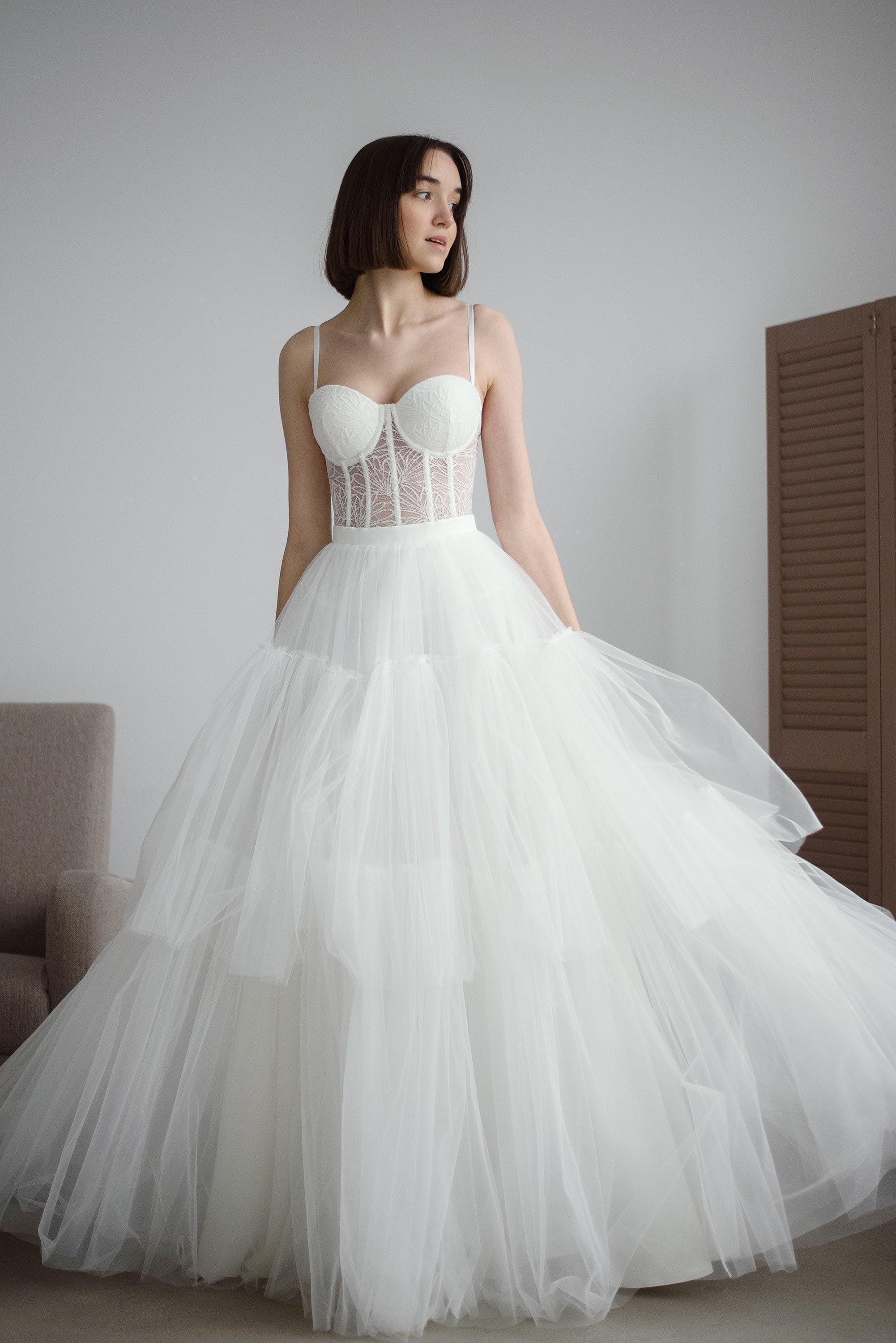 see through corset top wedding dress Luxury Sheer Tulle Corset Illusion Bodice 3 Sleeves Shiny Bridal Gown Dress 44