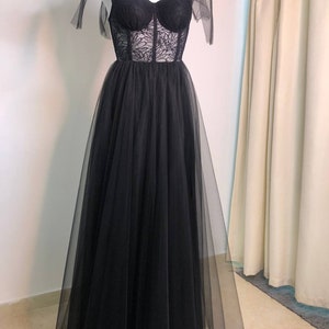 Black Corset Wedding Dress, Black Mesh Bridal Gown, Wedding Black Dress Train, A-line Wedding Dress, Boho Wedding Separates, Tull Skirt, Bes image 5