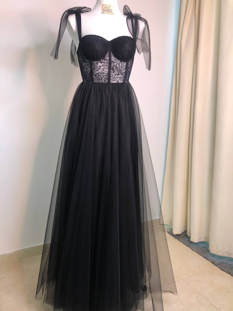 Black Corset Wedding Dress, Black Mesh Bridal Gown, Wedding Black Dress Train, A-line Wedding Dress, Boho Wedding Separates, Tull Skirt, Bes image 5