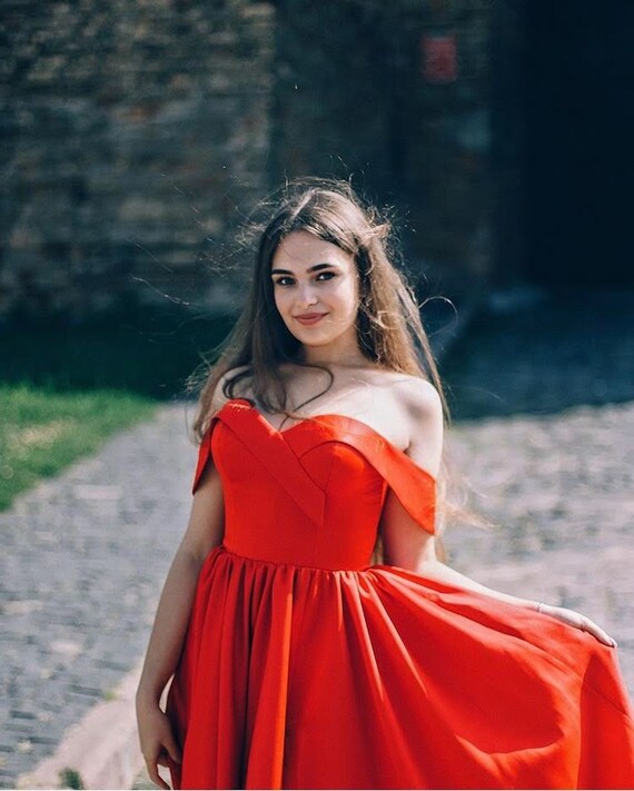 red satin off the shoulder dress