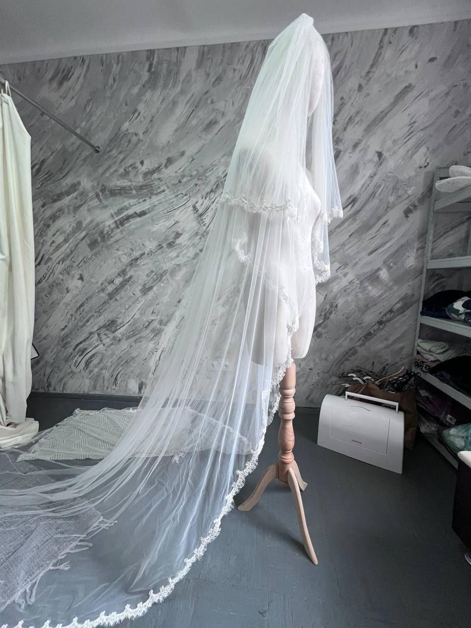Customer Ivory Long Cathedral Veil, Mesh Veil With Floral  display picture 2