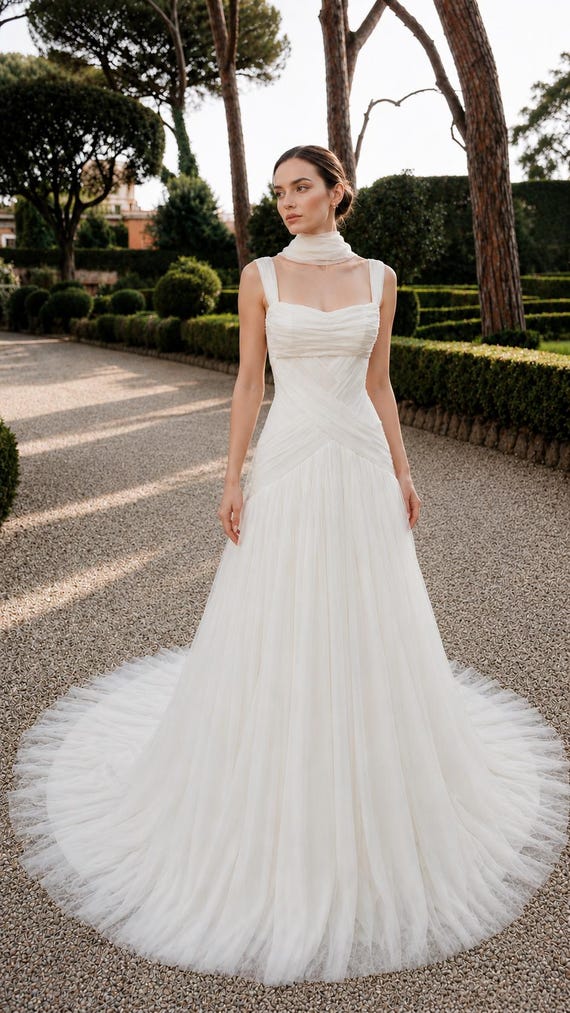 Ruched Chiffon Mermaid Wedding Dress With Detachable Scarf Sleeves & Train