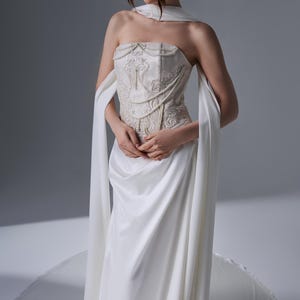 white corset dress with scarf Karine Satin & Chiffon Corset Gown