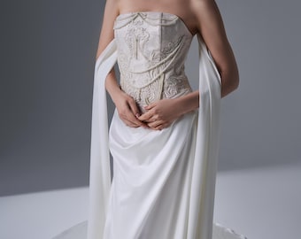 Elfenbein-Korsett-Brautkleid mit Satinrock, Couture-Hochzeitskleid, elegantes Brautkleid mit langem Schal