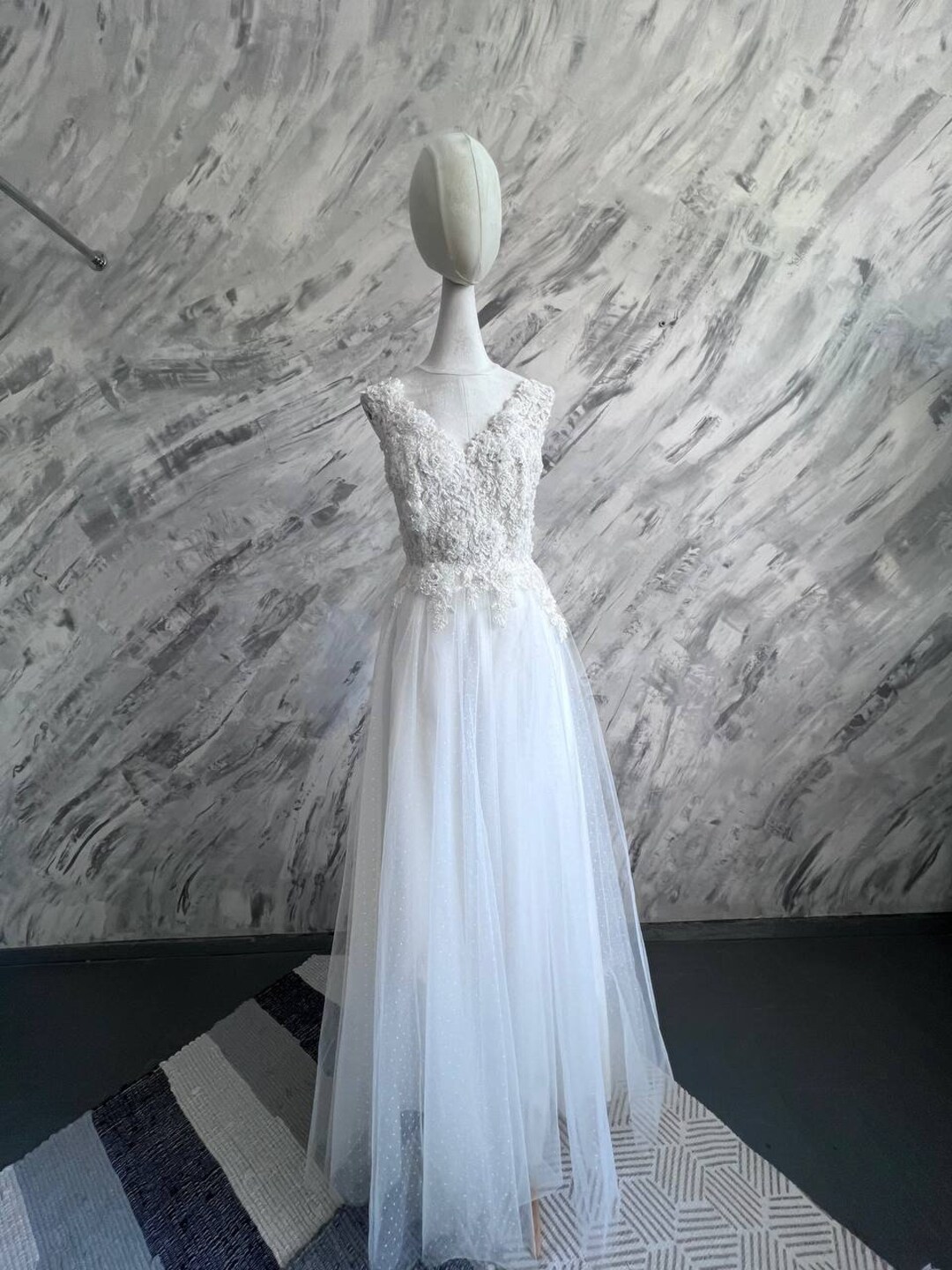 Beautiful Ivory High Neckline Tulle with Flower Lace Party Dress, Ivory Wedding Dress main image 1