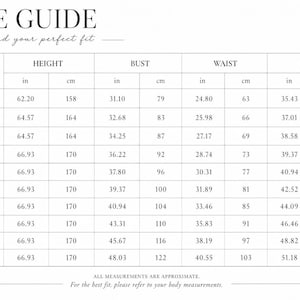 Puede incluir: Una tabla de gu&iacute;a de tallas en blanco y negro titulada SIZE GUIDE con la marca coribis. La tabla enumera tallas desde XXS hasta 5XL con medidas correspondientes de altura, busto, cintura y caderas en pulgadas y cent&iacute;metros. El texto indica ALL MEASUREMENTS ARE APPROXIMATE.