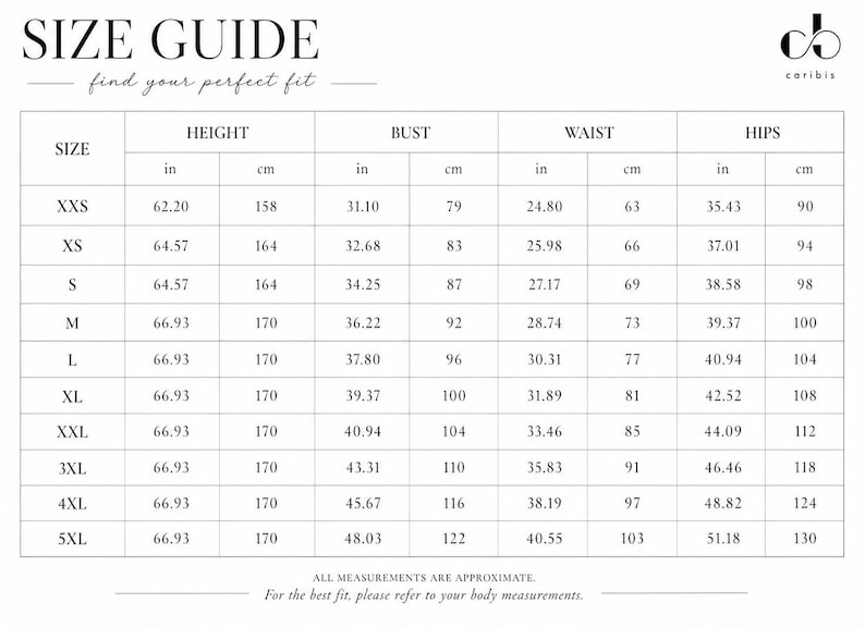 Puede incluir: Una tabla de gu&iacute;a de tallas en blanco y negro titulada SIZE GUIDE con la marca coribis. La tabla enumera tallas desde XXS hasta 5XL con medidas correspondientes de altura, busto, cintura y caderas en pulgadas y cent&iacute;metros. El texto indica ALL MEASUREMENTS ARE APPROXIMATE.