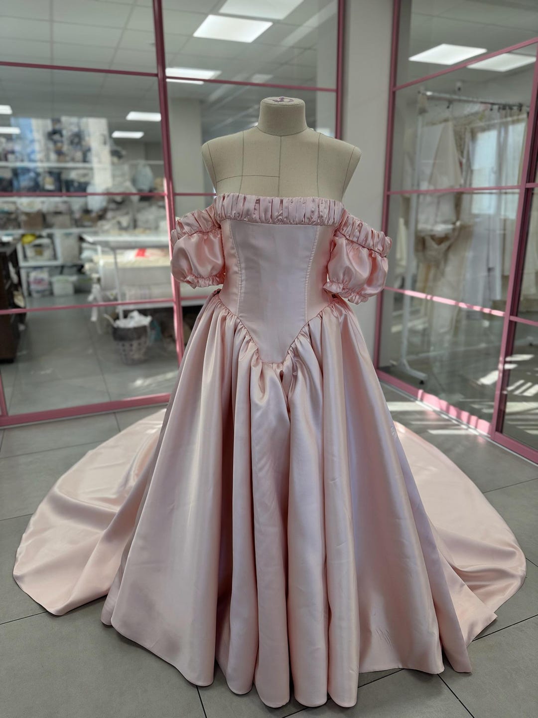 Pink Satin Wedding Dress, Cap Sleeves Bridal Gown, Elegant Long Dress ...