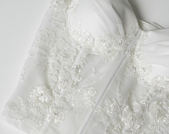 Ivory Mesh Corset Top With Folds Cups, Beaded Embroidery Lace Wedding Bridal Dress