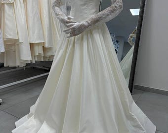 Custom Ivory Taffeta Long Wedding Dress, Vintage Style with Gloves and Cap, Made to Order