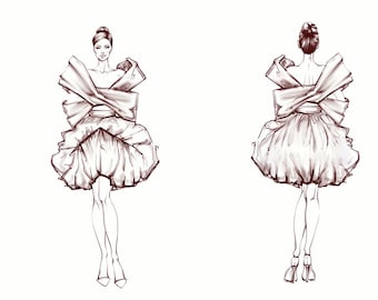 Schizzo di moda per abiti da sposa, disegno di abiti da sposa
