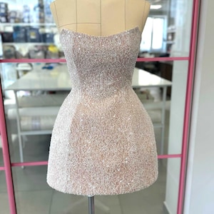 Beaded Lace Corset Dress, Short Bridal Dress with Eyelet Back, Structured Strapless Mini Gown for Reception or Photoshoot