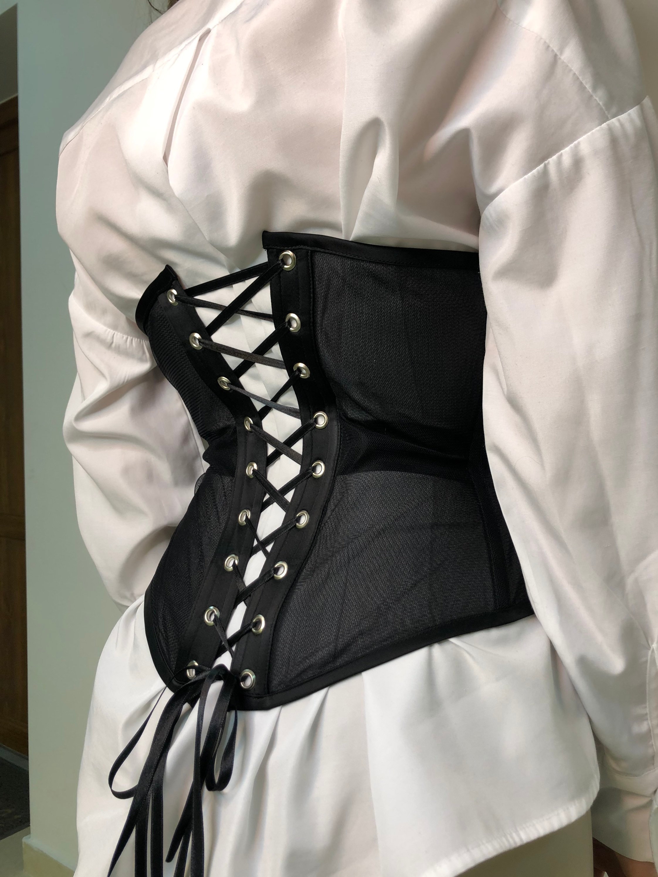 Black Mesh Corset Belt, Sexy Strapless Underbust Transparent Tight