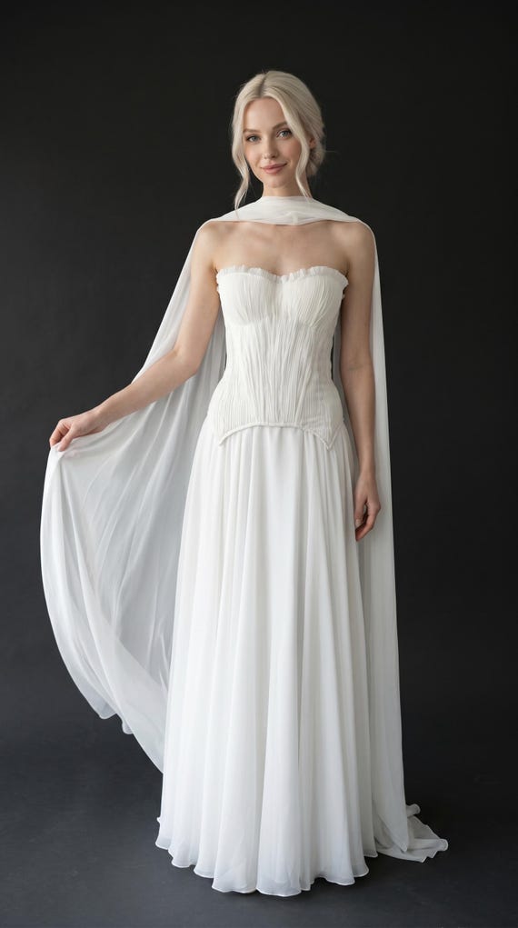 ivory maxi wedding dress Chiffon Long Gown, Bridal Dress, Corset Bodice Dress, Elegant Ceremony Dress, Wedding Christmas champagne ivory colour dress