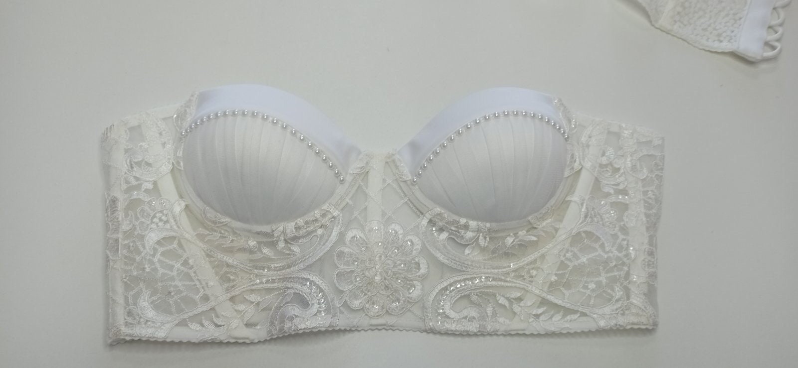 Ivory Bridal Lingerie Corset Top, White Pearls Design Cups