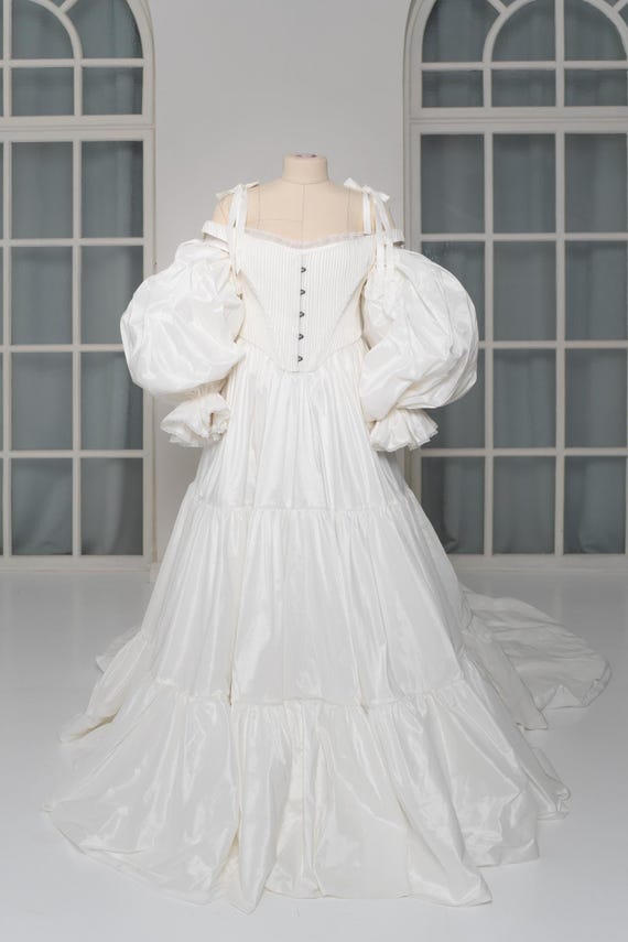 ivory taffeta dress Wedding With Corset Bodice, Puff Sleeves and Long Train, Structured Couture Gown $50+