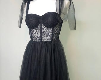 Black Corset Wedding Dress, Black Mesh Bridal Gown, Wedding Black Dress Train, A-line Wedding Dress, Boho Wedding Separates, Tull Skirt