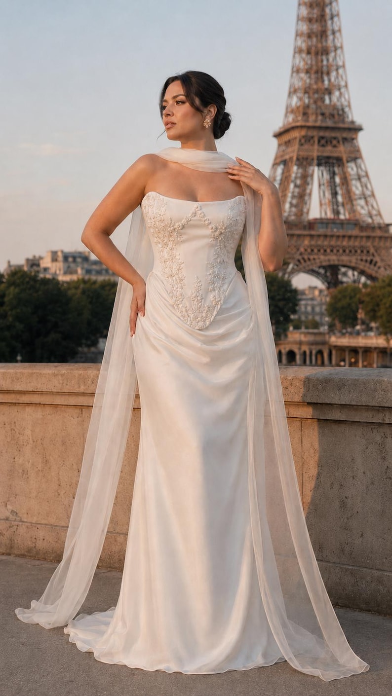 Puede incluir: Un vestido largo blanco sin tirantes con un corpi&ntilde;o estructurado que presenta intrincados bordados florales y pedrer&iacute;a. El vestido tiene una falda drapeada y un chal largo de tela ligera y transparente que cae desde los hombros al suelo.