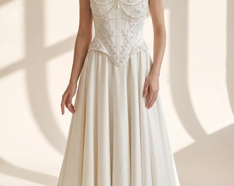 Style Corset Skirt Set, Luxury Satin Corset Set with Appliqués and Pearls, Open Neckline Bridal Corset, Long Formal Skirt