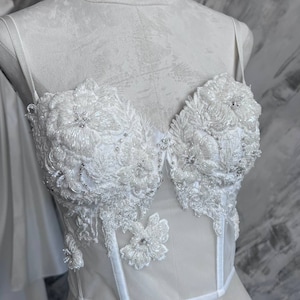 Mesh And Floral Beaded Lace Application Wedding Custom Corset, Hand Embroidered Corset Top, Lacing Back Honeymoon Ivory Lingerie