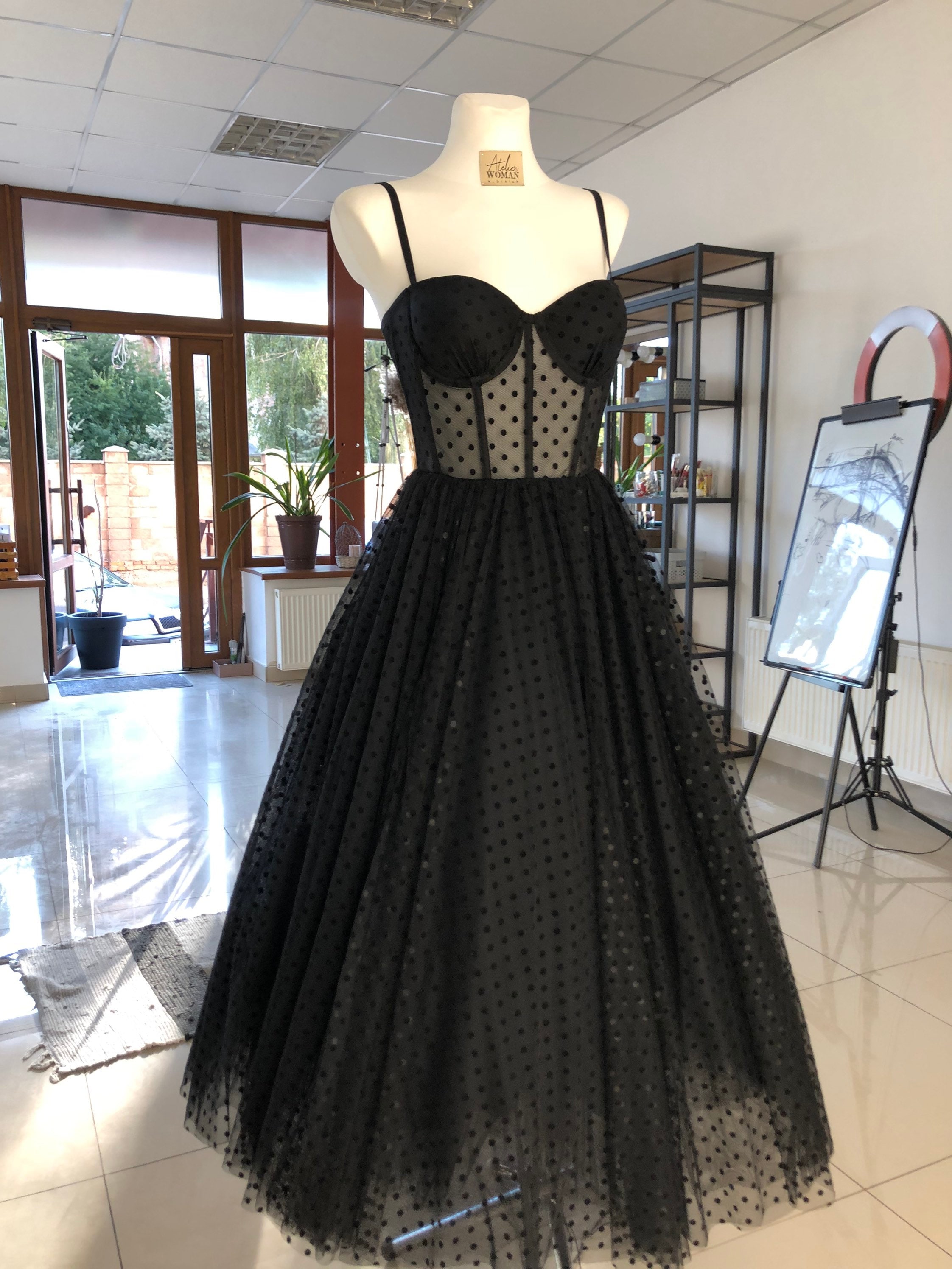 Halloween Black Corset Prom Dress in Small Dots, Black Mesh Bridal Medium  Length Gown, A-line Wedding Dress, Boho Wedding Separates -  Denmark