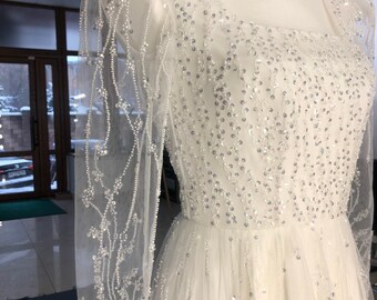 Beaded Floral Lace Ivory Princess Wedding Dress Made To Order, Elegant Sparkling A-line Bridal Dress With Long Sleeves, Long Train Dress