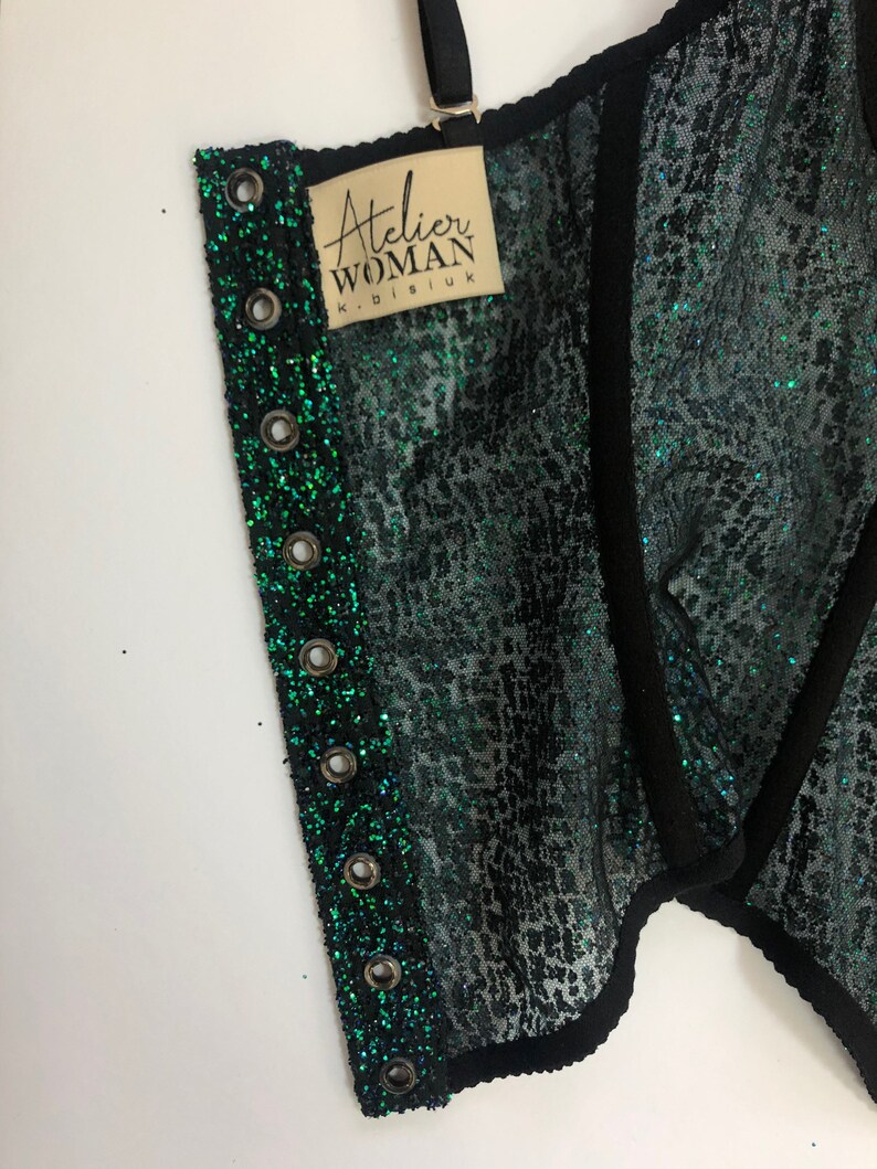 Black & Green Prom Sparkle Glitter Corset Top Mesh Bustier Etsy