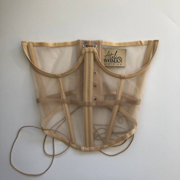 Beige Mesh Corset Belt, Transparent  Tight Lacing Crop Top, Plus Size Waist Training Strapless Corset, Underbust Corset, Best