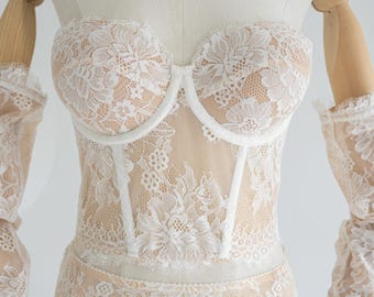 Women's Corset and Skirt Mesh Set, Elegant Lace Corset,  Corset with Gloves, Mesh Corset with Cups