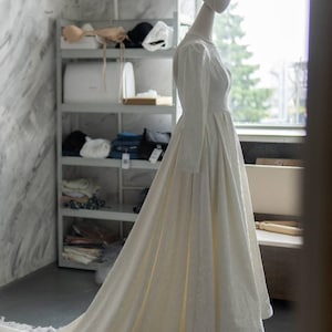 Ivory Jacquard Ball Gown Wedding Dress With Cathedral Train And A Lot Of Buttons, Boat Neck Custom Made To Order Bridal Bespoke Order