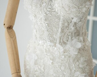 Long Skirt Embroidered Corset Wedding Dress Straps, Boho Bridal Gown, Sleeveless White Dress